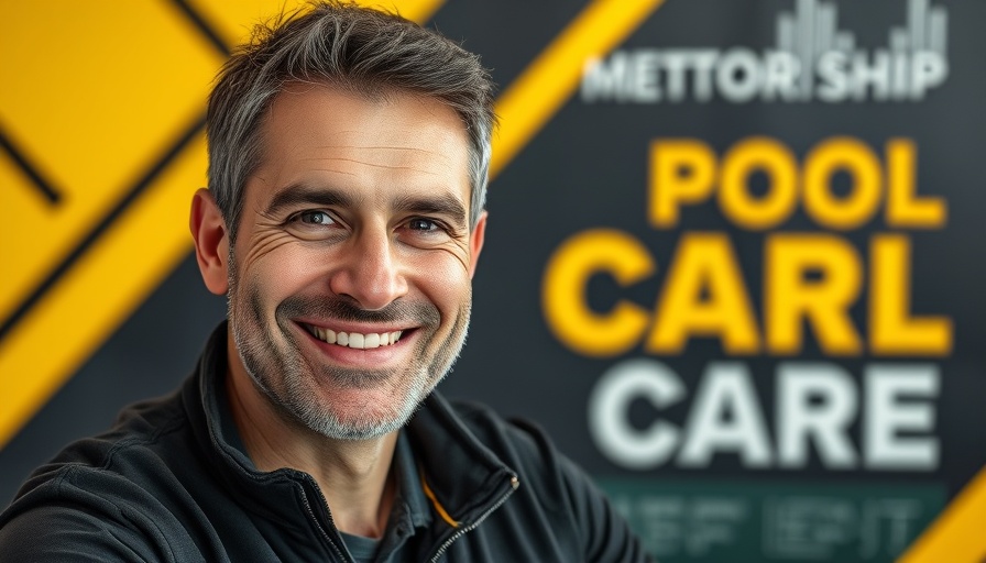 Mentorship in pool care spotlight with smiling mentor on modern graphic.