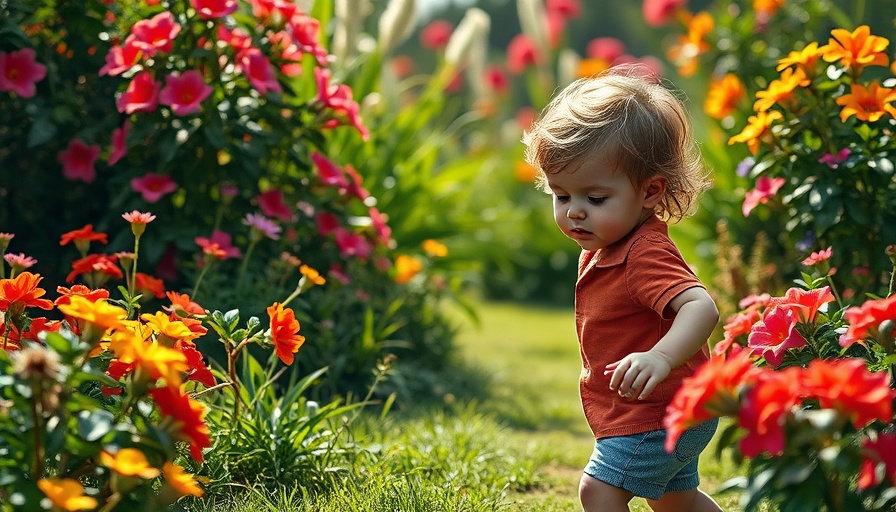 Child exploring garden on hopscotch stepping stones.