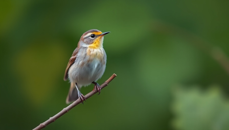 Warbler on a branch, observing female birds, in a lush green background.