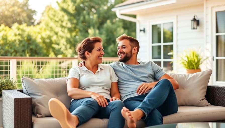 Casual couple chatting on patio, bird watching and mental health.