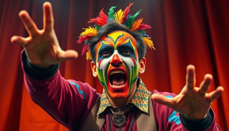 Theatrical performer in colorful face paint, Tshidi Manye Lion King departure.