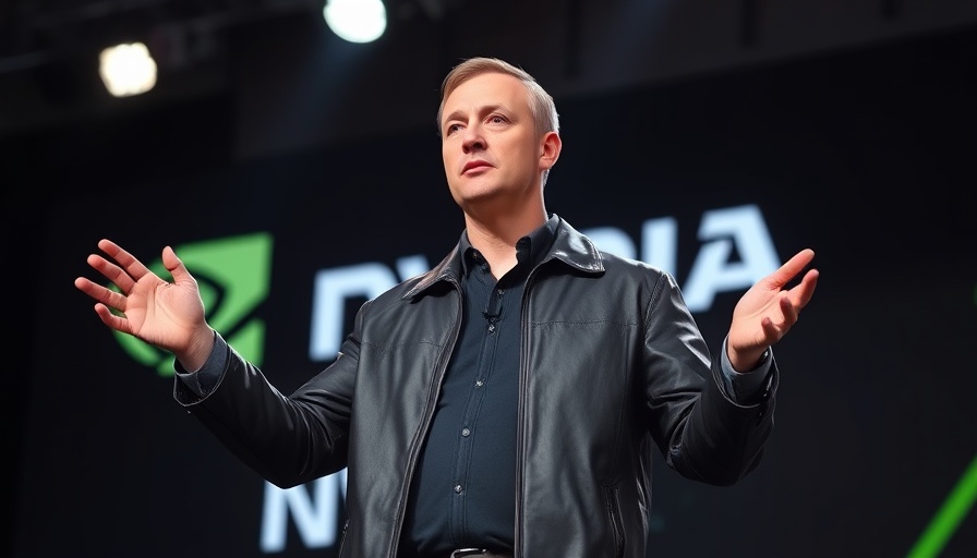 CEO presenting Nvidia AI sales growth on stage with logo in background.