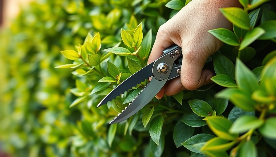Close-up of hand trimming hedge with garden shears.