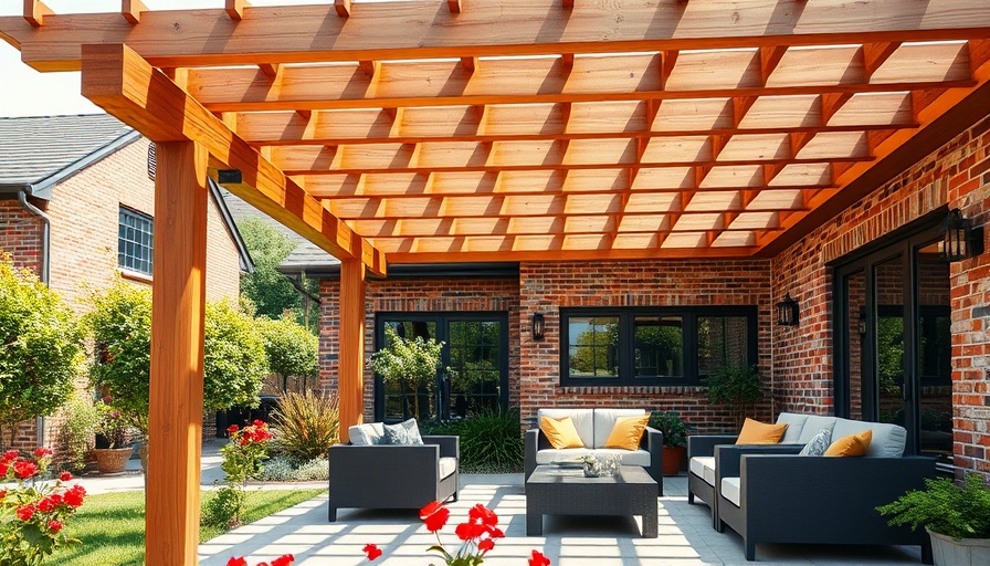 Modern pergola in a Texas backyard with seating area.