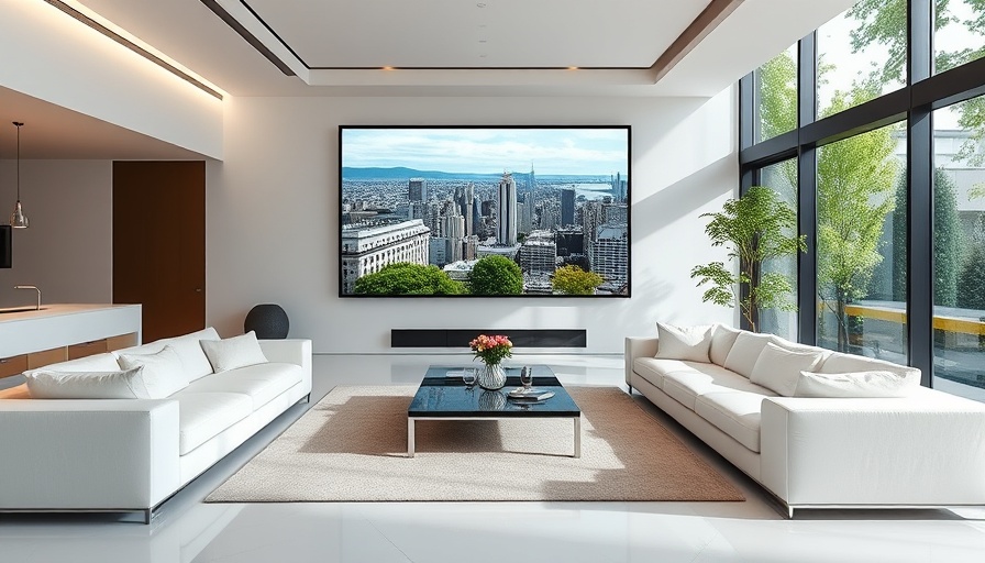 Modern living room with ambient light rejection projection screen displaying cityscape.