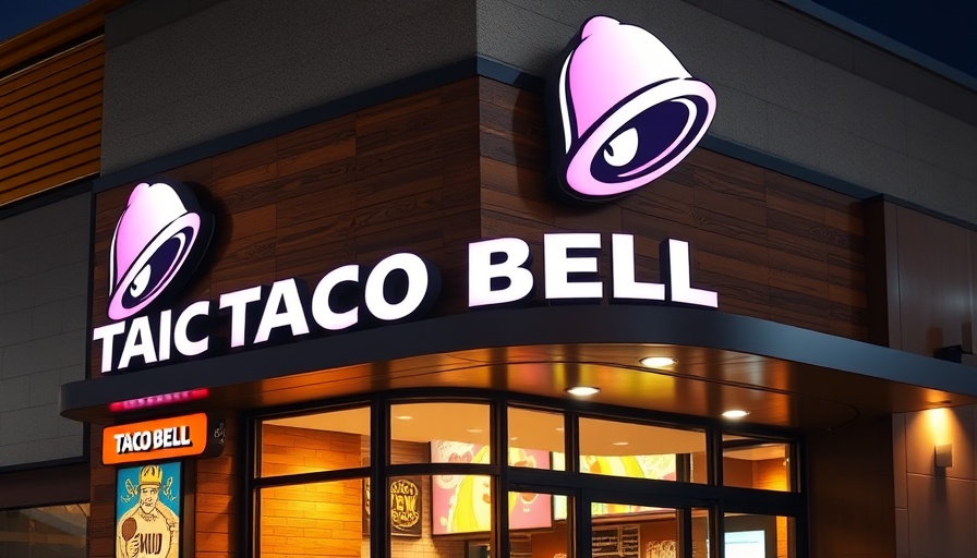 Taco Bell sign above modern restaurant entrance.