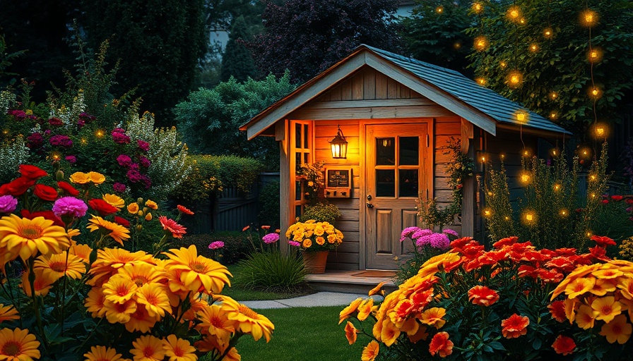 Garden shed surrounded by flowers and fireflies, attract fireflies.
