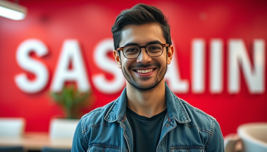 Smiling individual in front of red wall with Séura logo.
