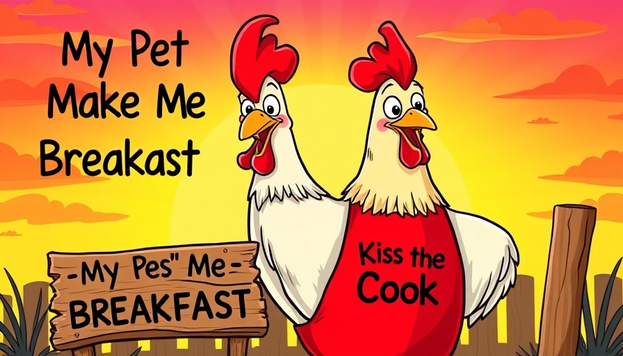 Cartoon chicken with red apron, 'My Pet Makes Me Breakfast', BackyardChickens logo.