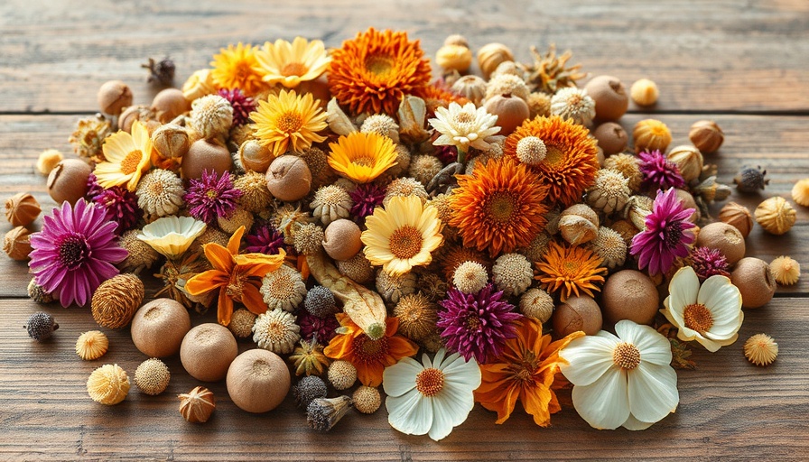 Assorted dried flowers and pods for crafting on a wooden table.