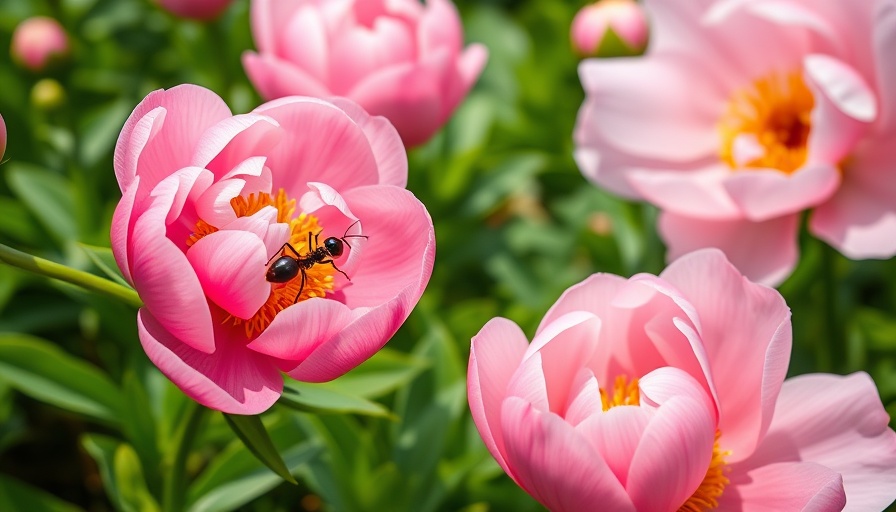 Vibrant garden scene with pink peonies and an ant, showcasing nature.