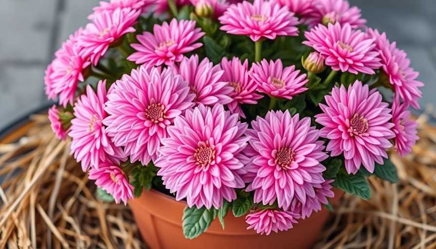 Pink mum flowers in pot on straw, how to care for mum flowers.