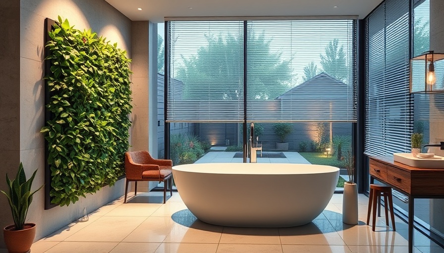 Elegant bathroom with smart blinds and modern design.