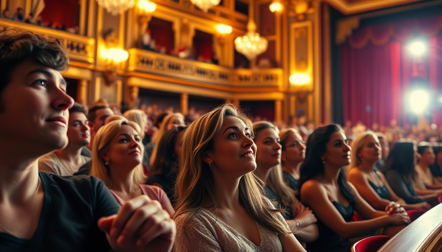 Audience enjoying top Broadway musicals in a glowing theater.