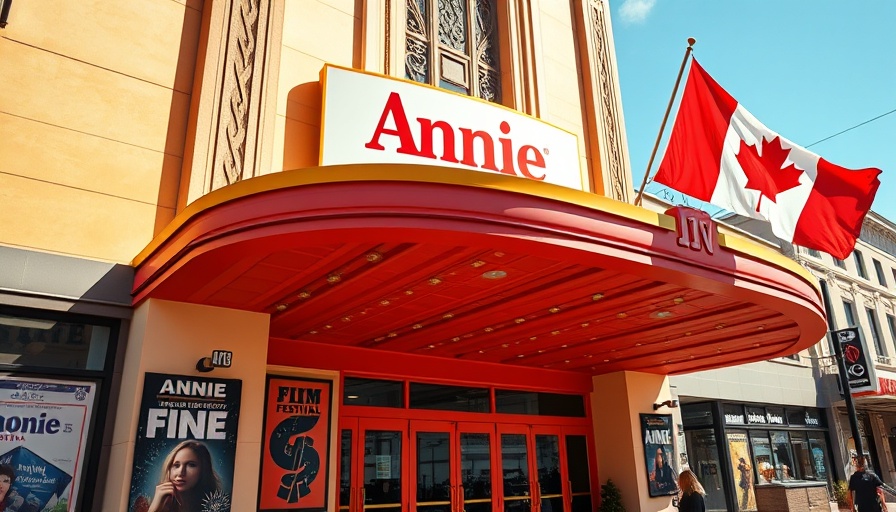 Theater facade with Annie poster, promoting Stratford Festival 2025.