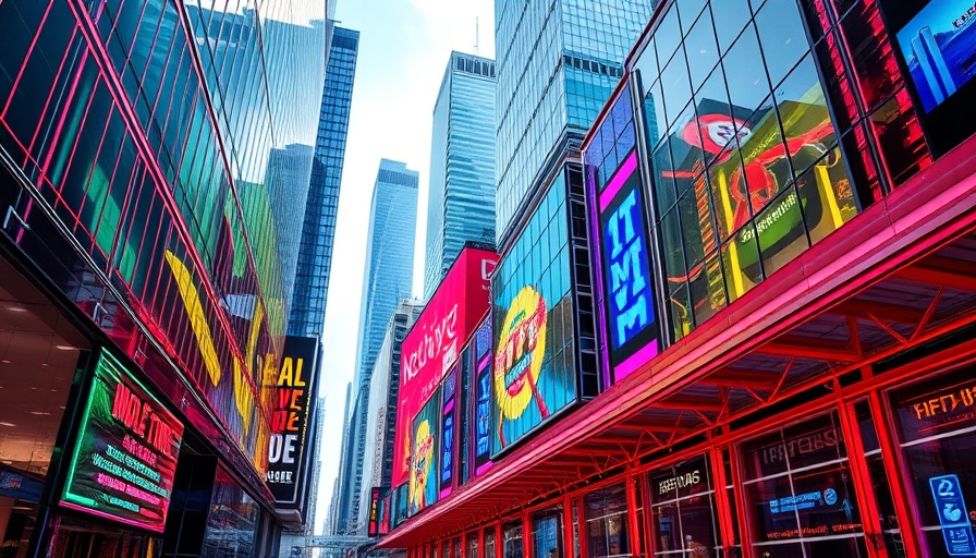Colorful tech display on urban skyscraper related to Azure services.