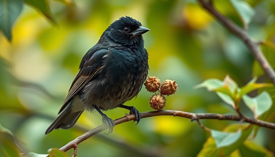 Finch holding seed pods in natural habitat, Darwin's Birds.