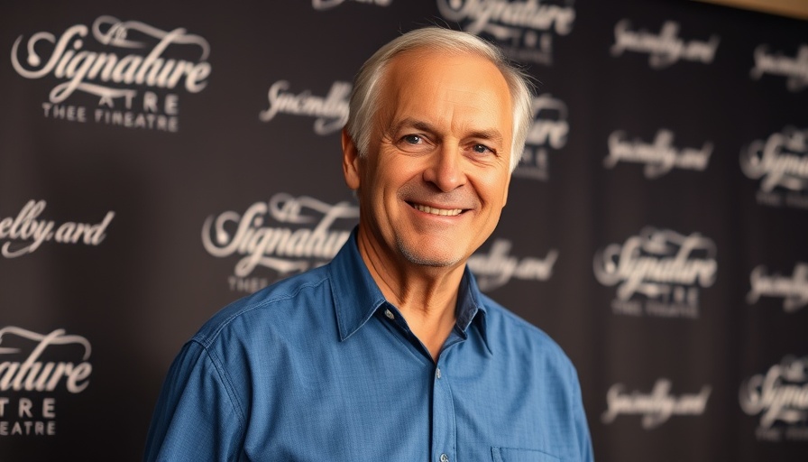 Man smiling at Signature Theatre event backdrop.