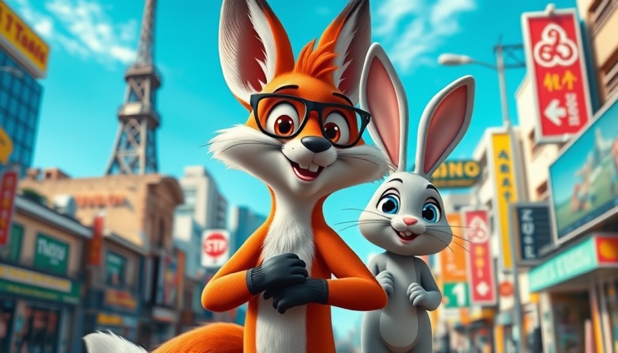 Fox and rabbit stand confidently in vibrant city from Zootopia.