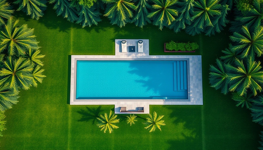 Modern luxury swimming pool with sleek design and greenery.