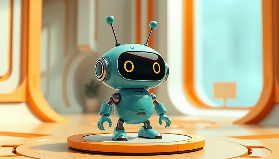 Cartoon teal robot on futuristic platform, discussing iOS 26 iPhone Wi-Fi fixes.