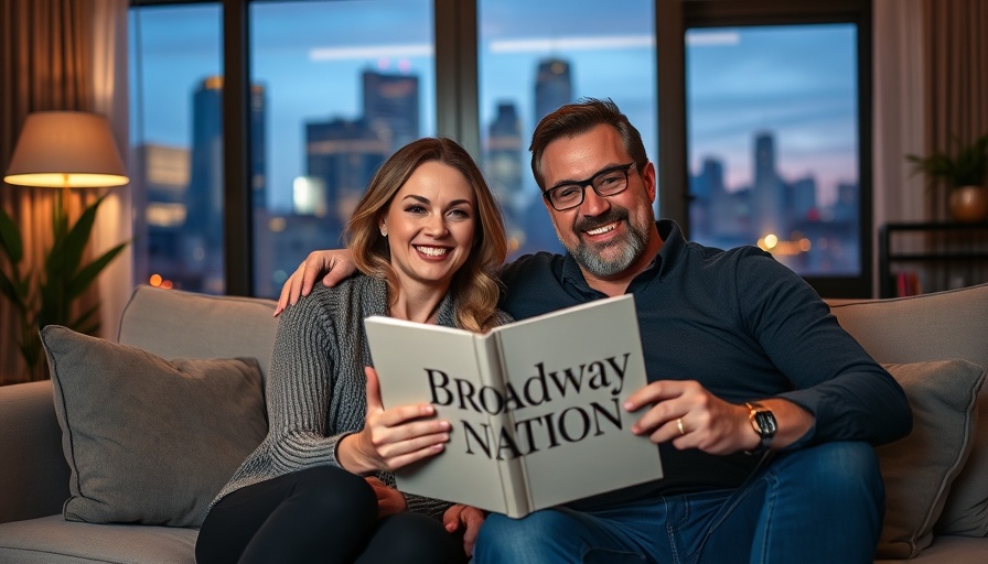 Smiling pair on couch with 'Broadway Nation' book in modern room.