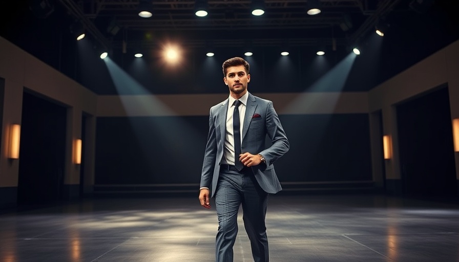 American Psycho musical morning routine staged scene, young man with suit.