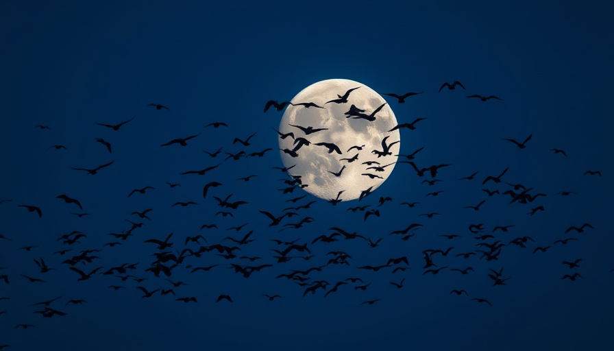 Nocturnal bird activity with birds flying against moonlit sky.