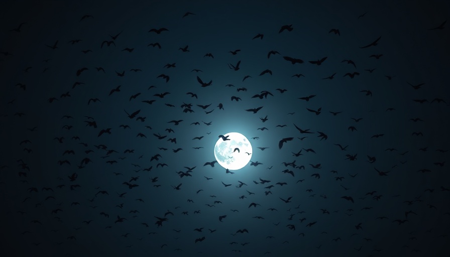Birds flying under moonlight at night, evoking music of migration.