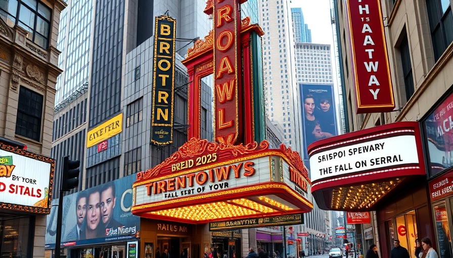 Colorful Broadway marquees for Fall 2025 shows in NYC.