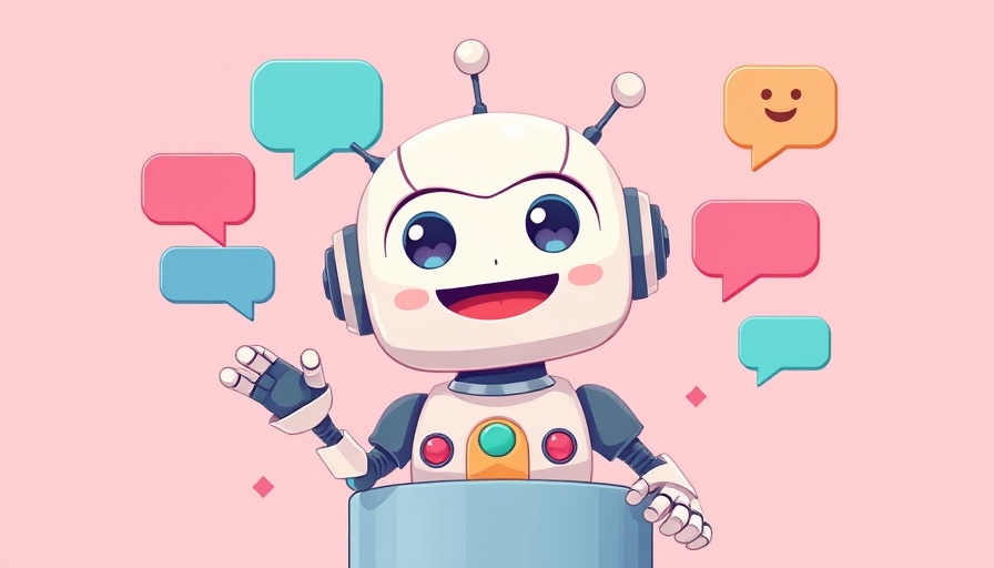 Cartoon robot chatbot emerging from phone with chat bubbles.