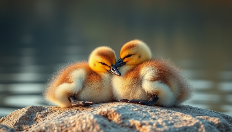 Two ducklings sleeping on a rock near a tranquil lake, where birds sleep.