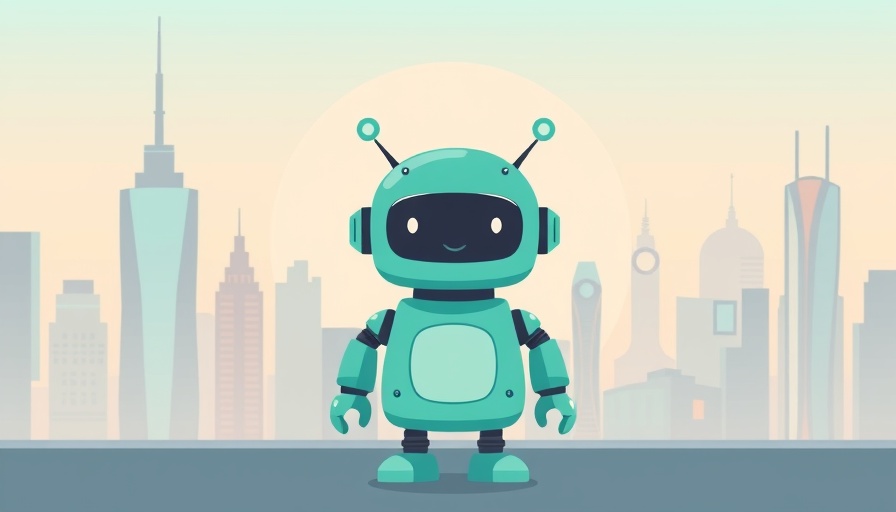 Cute robot in a futuristic cityscape.