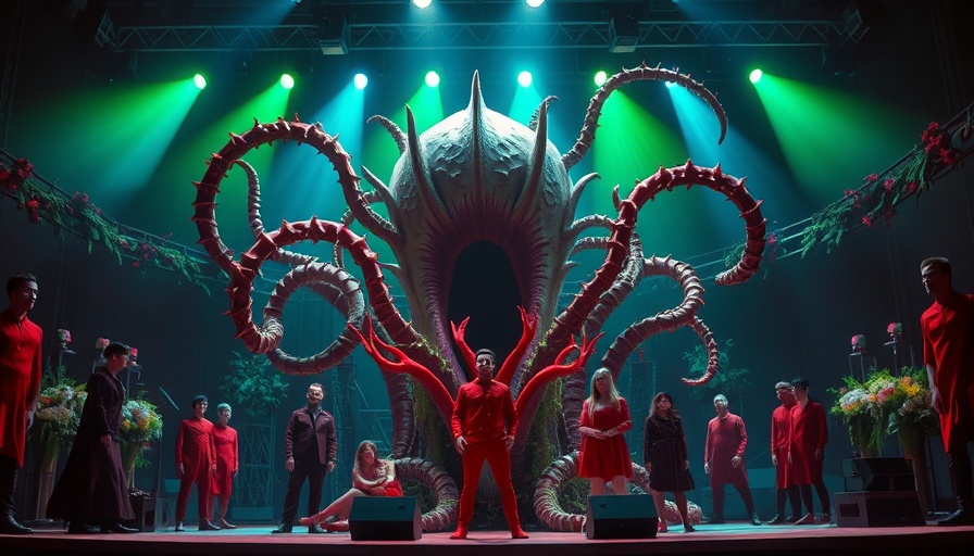 Dramatic 'Little Shop of Horrors' stage scene with giant plant.