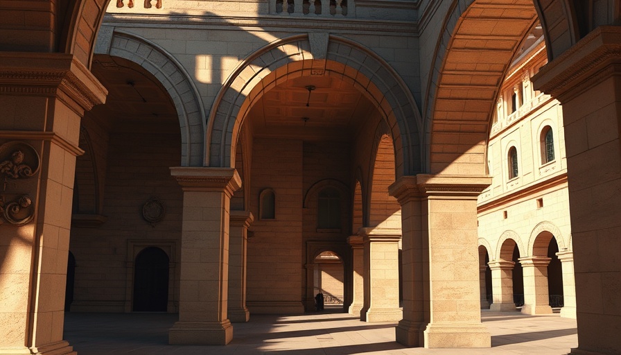 Ornate stone archway casting shadows in a sunlit courtyard, VC hiring MBAs.