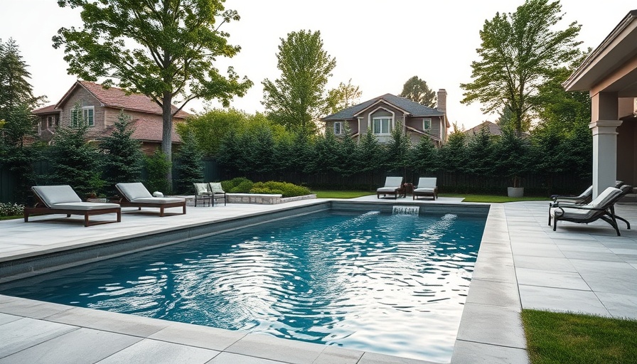 Modern backyard pool design with water features and seating.