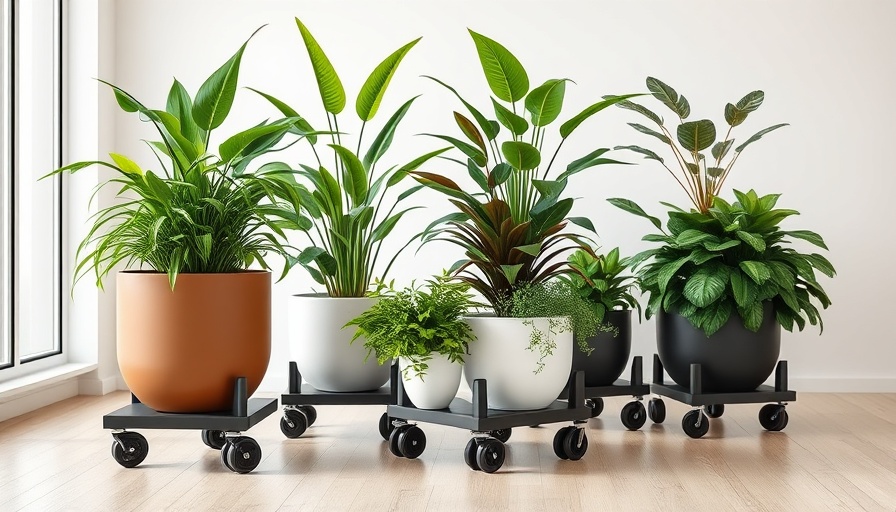 Biophilic office design with modern plant containers on wheels.