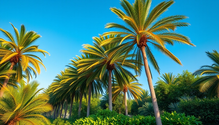 Tall palm trees with rare golden blooms towering over lush vegetation.