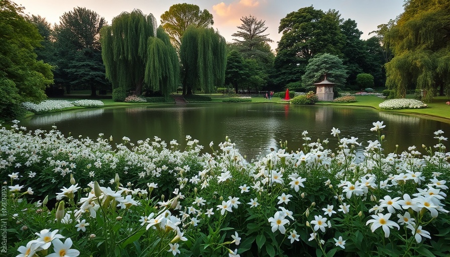 White-on-White Gardens: Tranquil garden with white flowers by a pond.