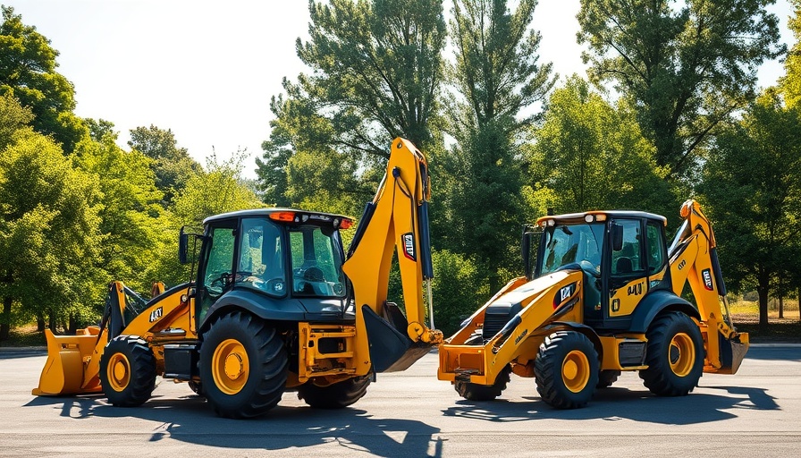 Caterpillar 440 450 backhoe upgrades in a wooded area.