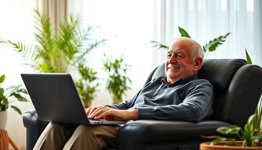 Elderly man in recliner using laptop, bright cozy room.