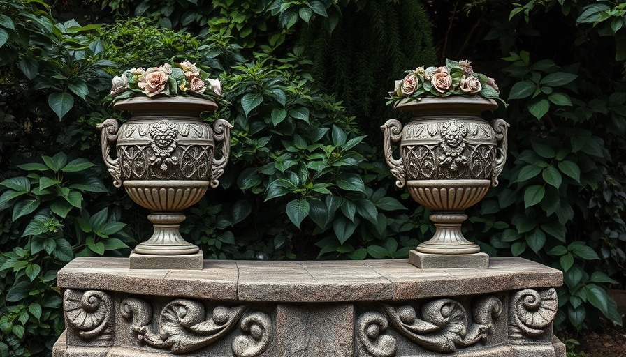 Antique garden urns on stone bench with green foliage backdrop.