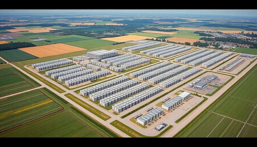 Aerial view of data center complex in rural landscape.
