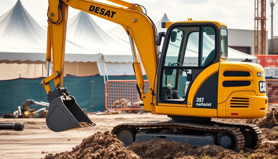 Mini excavator operating at outdoor event.