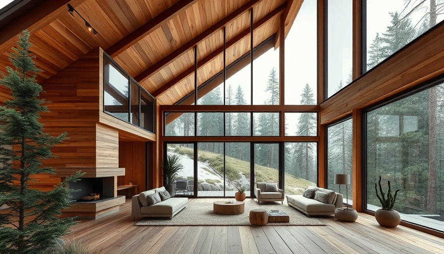 Modern mountain retreat architecture with large glass windows and wooden accents.