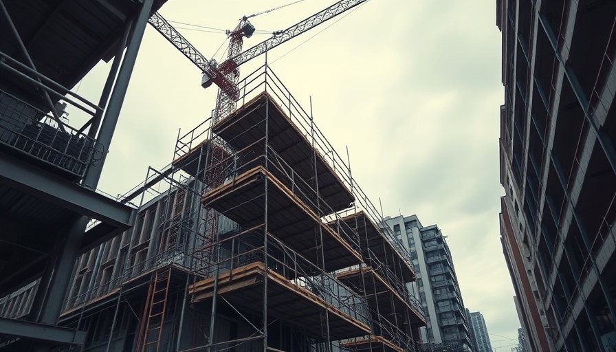 Tilting scaffolding at construction site with safety annotations.