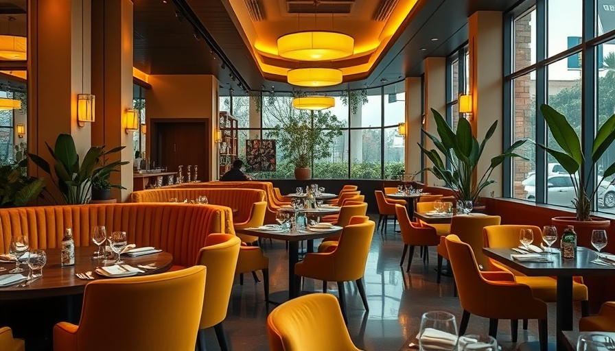 Chic Café Goldie design with golden velvet chairs and elegant lighting.