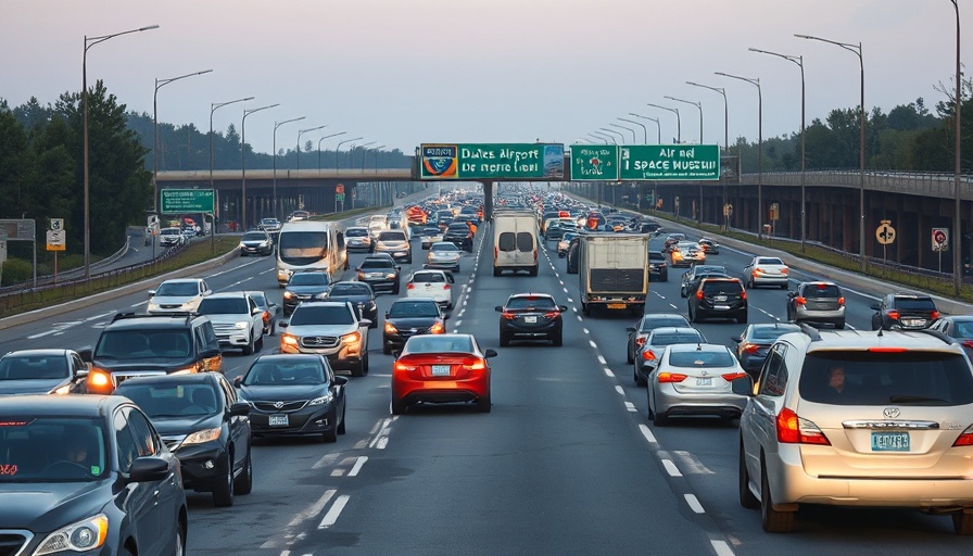 Vehicles on busy highway near Dulles Airport, evening light.