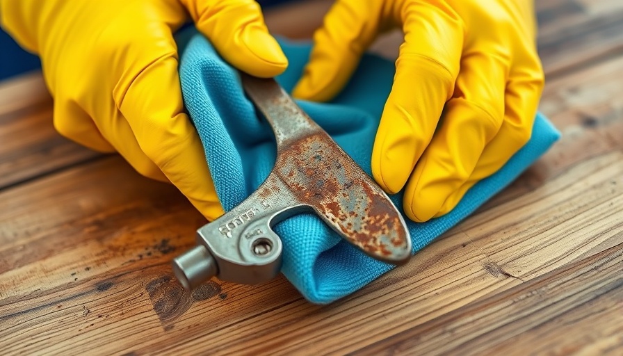 Removing rust from metal with yellow gloves and blue cloth