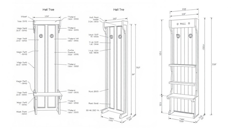 Blueprint of a hall tree with part dimensions labeled.